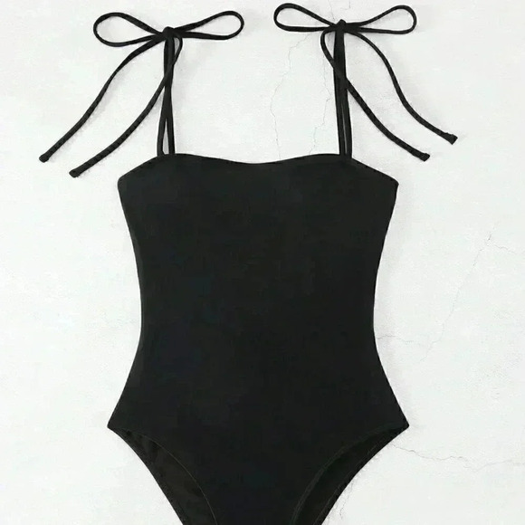 Black Vacation Style Women's Swim Summer Beach Solid Color One-Piece Swimsuit - Picture 2 of 5